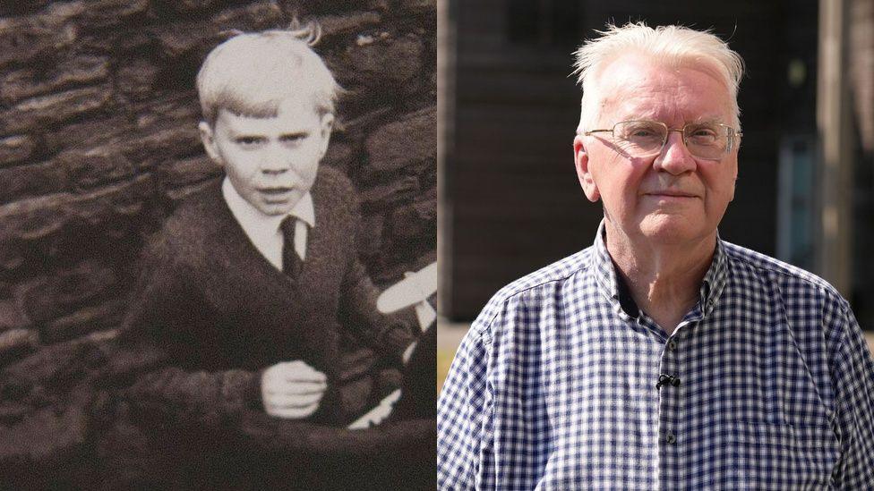 A little boy with white hair wears a jumper, shirt and tie in the first black and white photo. Next to it is a colour photo of Jeff with white hair and glasses in a blue and white check shirt.