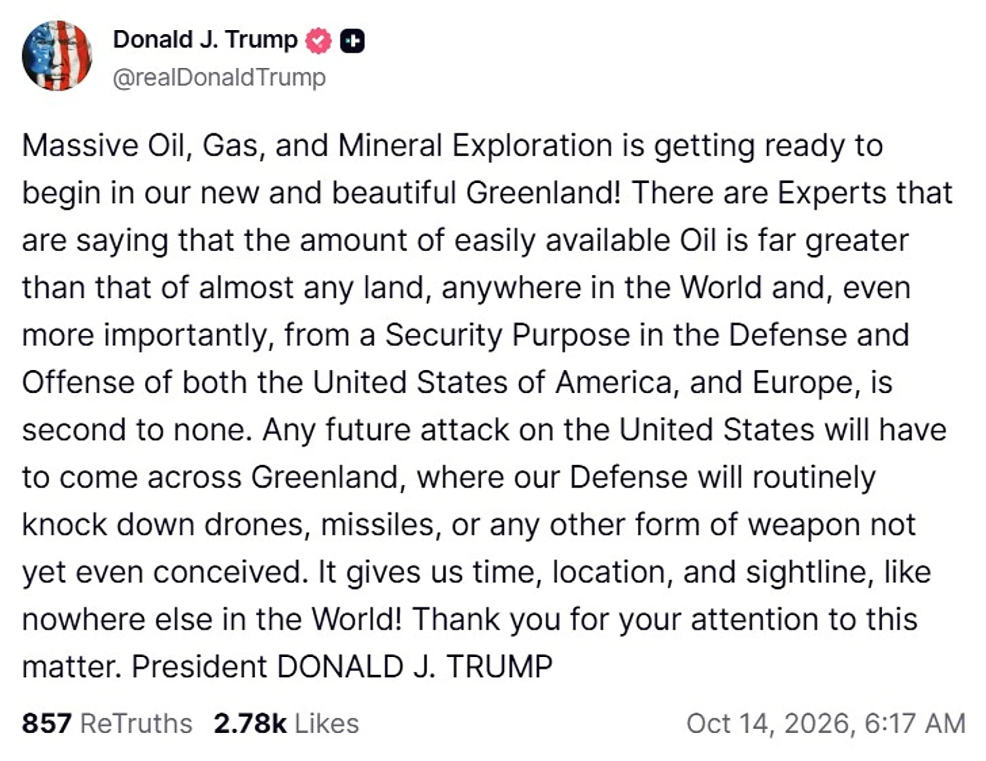 A screenshot of a post on US President Donald Trump's Truth Social account, 14 October, 2026