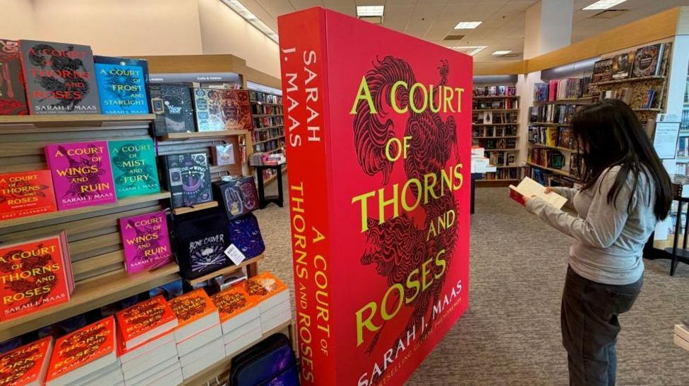 Женщины в сером и чёрном стоят перед большой выставкой серии ACOTAR.