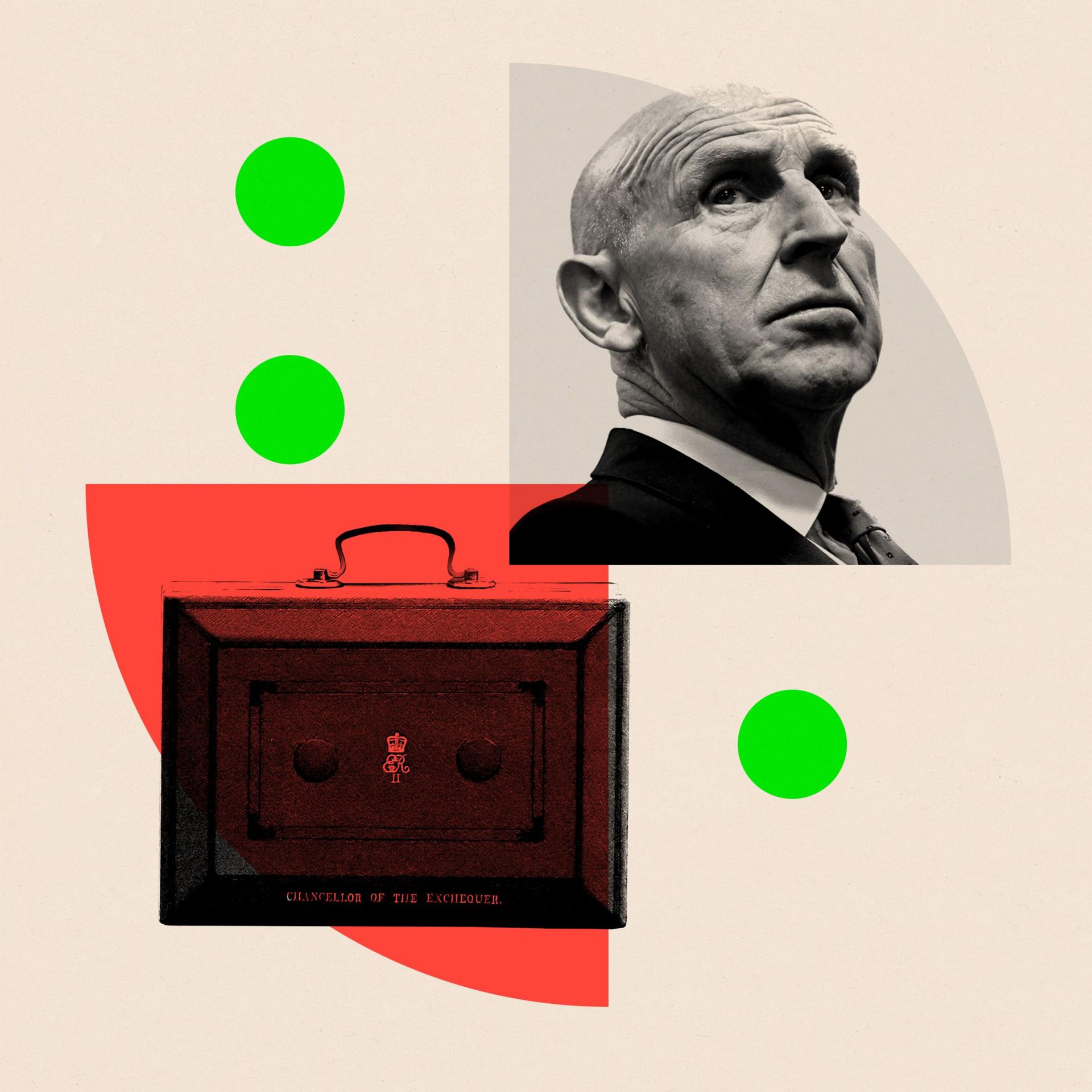 A collage image featuring a budget box in the bottom left and chancellor John Healey in the top right