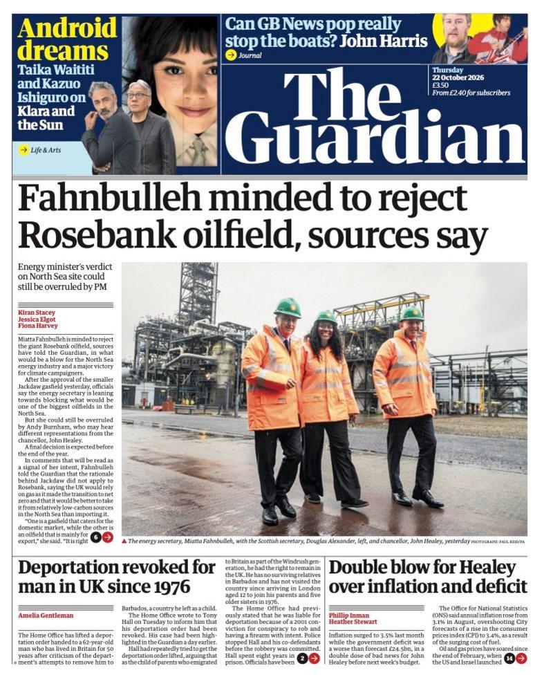 Guardian gazetasining birinchi sahifasidagi sarlavha shunday deydi: 'Fahnbulleh Rosebank neft konini rad etishga tayyor, manbalar aytmoqda.'