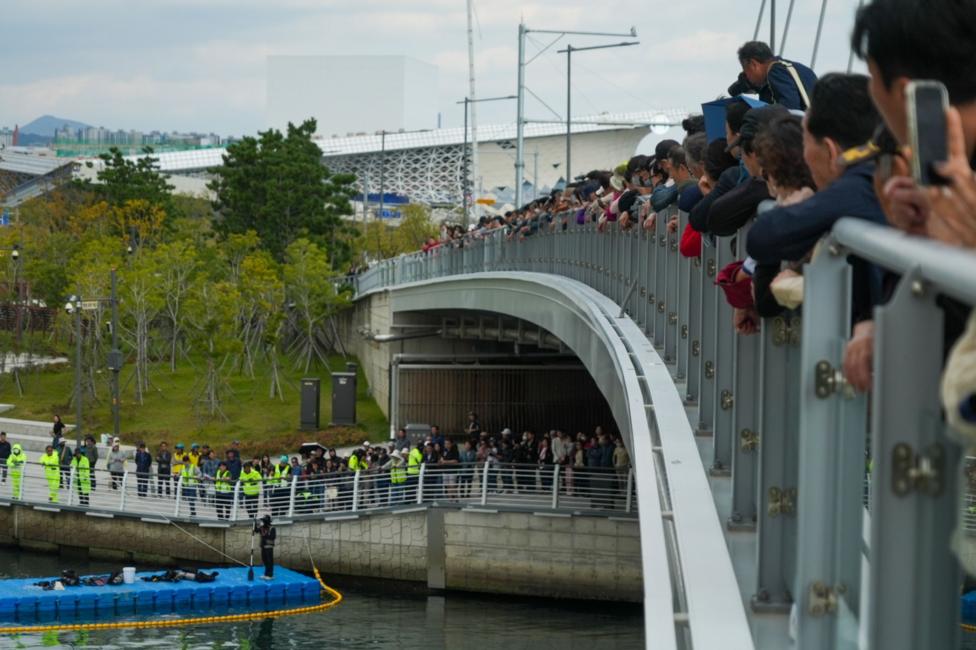 A line of people stretching into the distance stands at the railings gazing into the canal where Bukangi is swimming.