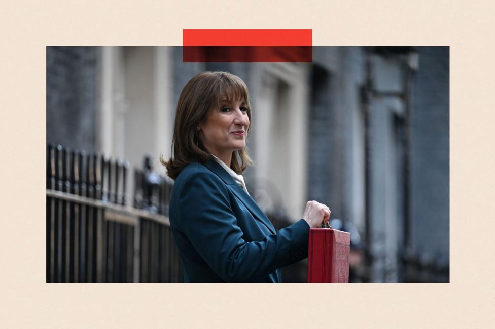 A side-on shot of Rachel Reeves posing with the red budget box in Downing Street