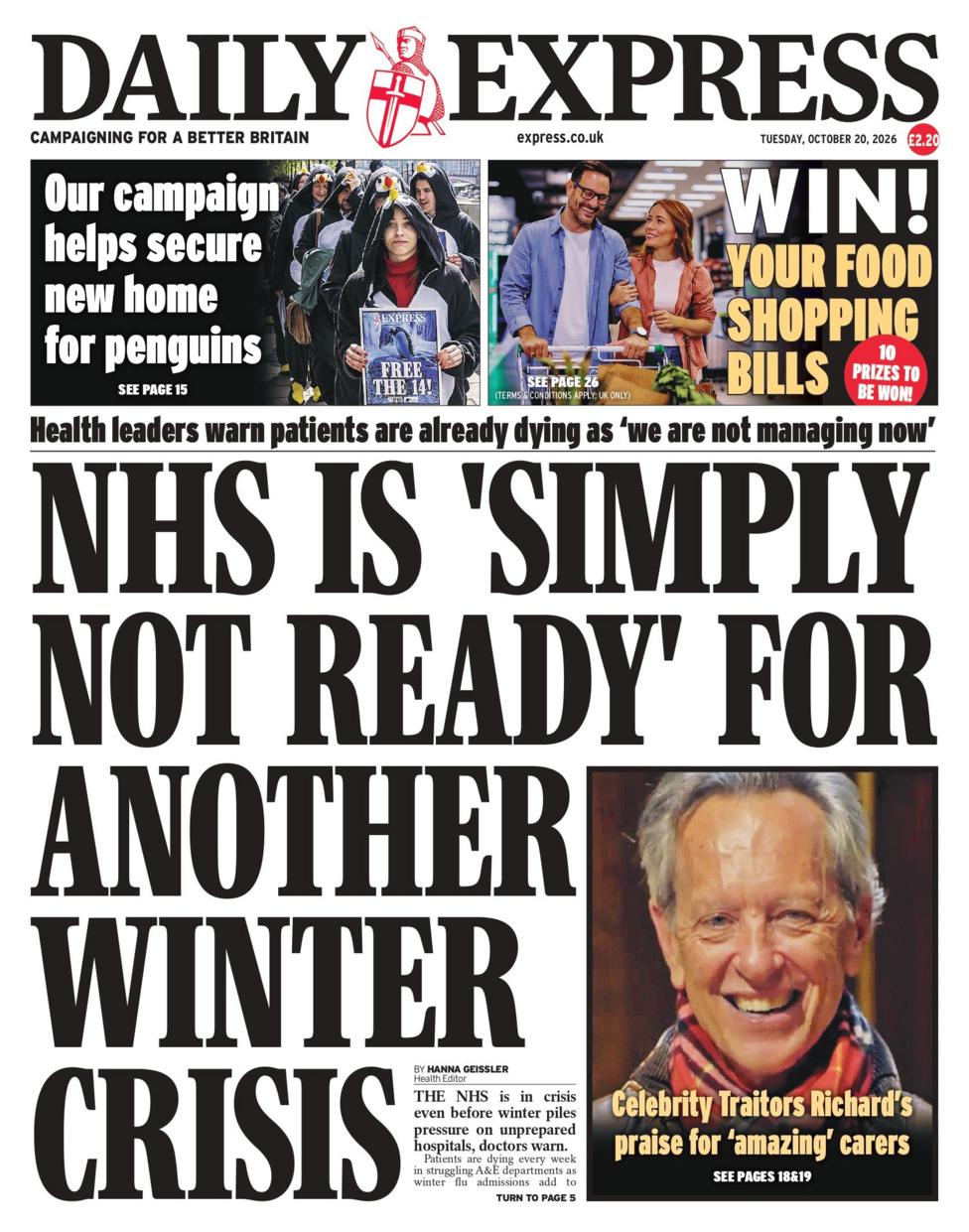 "NHS is 'simply not ready' for another winter crisis," reads the headline on the front page of the Daily Express.