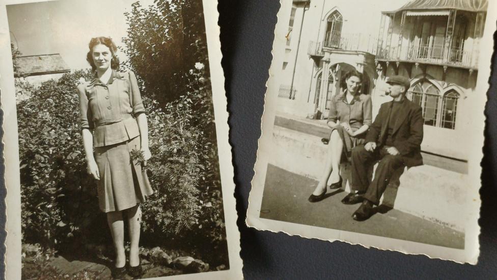 Black and white photos of a woman stood up and a woman sat on a wall with a man
