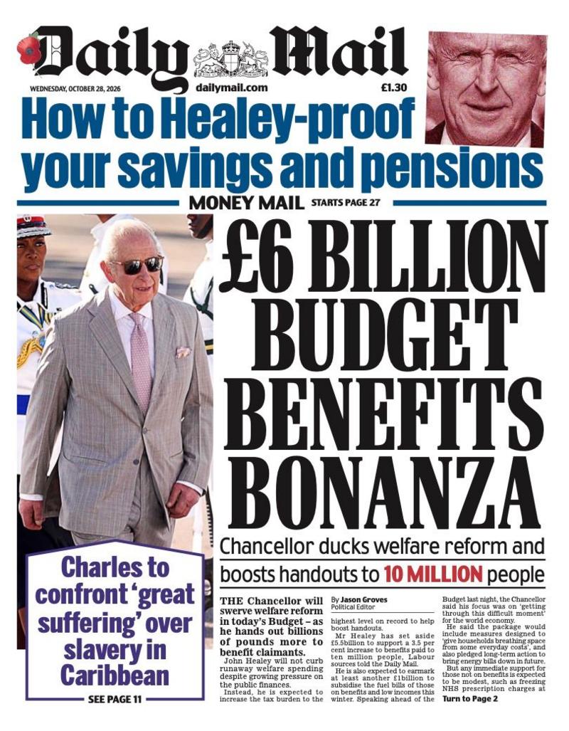 The headline on the front page of the Daily Mail reads: '£6 billion Budget benefits bonanza'.