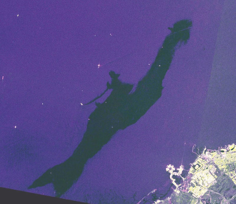 An image captured using SAR Radar on October 21 shows oil leaking from a tanker 25km off the coast of Umm Al Quwain. Photo: European Space Agency