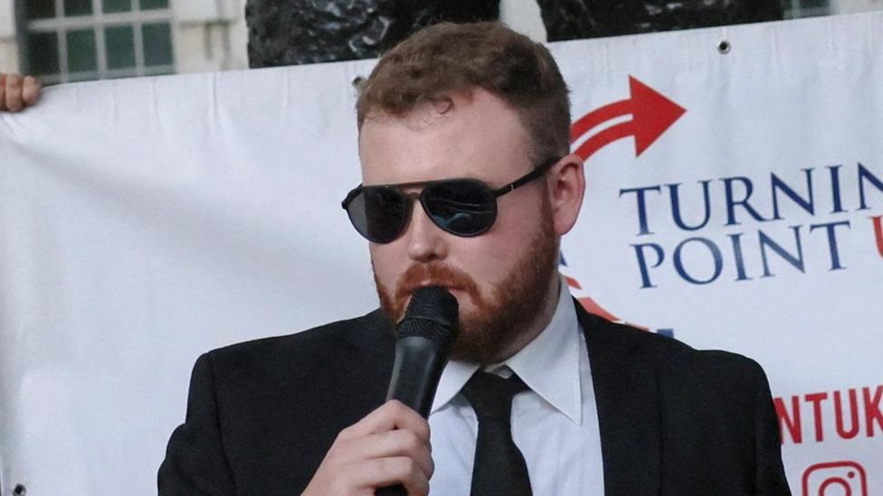 Jack Ross, Chief Operations Officer for Turning Point UK, speaks during a vigil at the Montgomery Statue in Whitehall, to commemorate U.S. conservative activist Charlie Kirk.