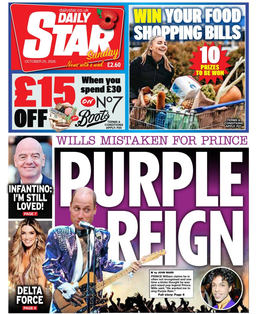 'Wills mistaken for Prince: Purple Reign,' reads the headline on the front page of the Daily Star on Sunday.
