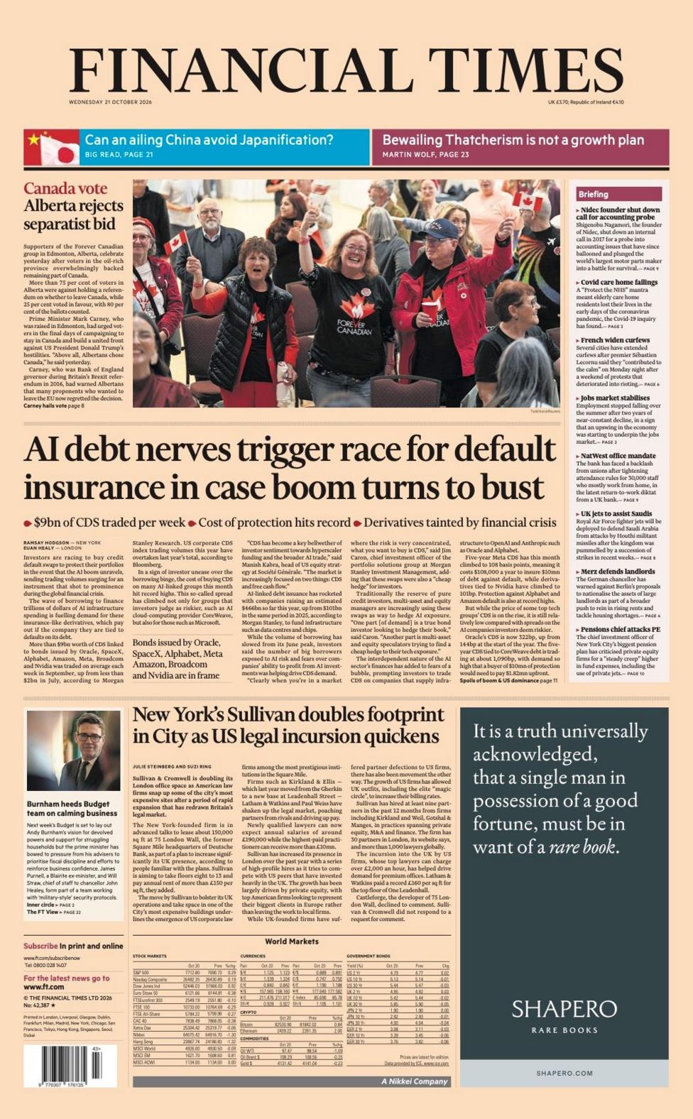 The headline on the front page of the Financial Times reads: “AI debt nerves trigger race for default insurance in case boom turns to bust”.