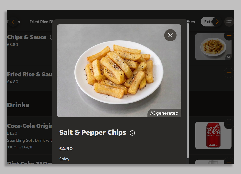 A screenshot of an AI-generated image on Just Eat showing a white plate of cooked chips with a lot of pepper and salt on them. The description says