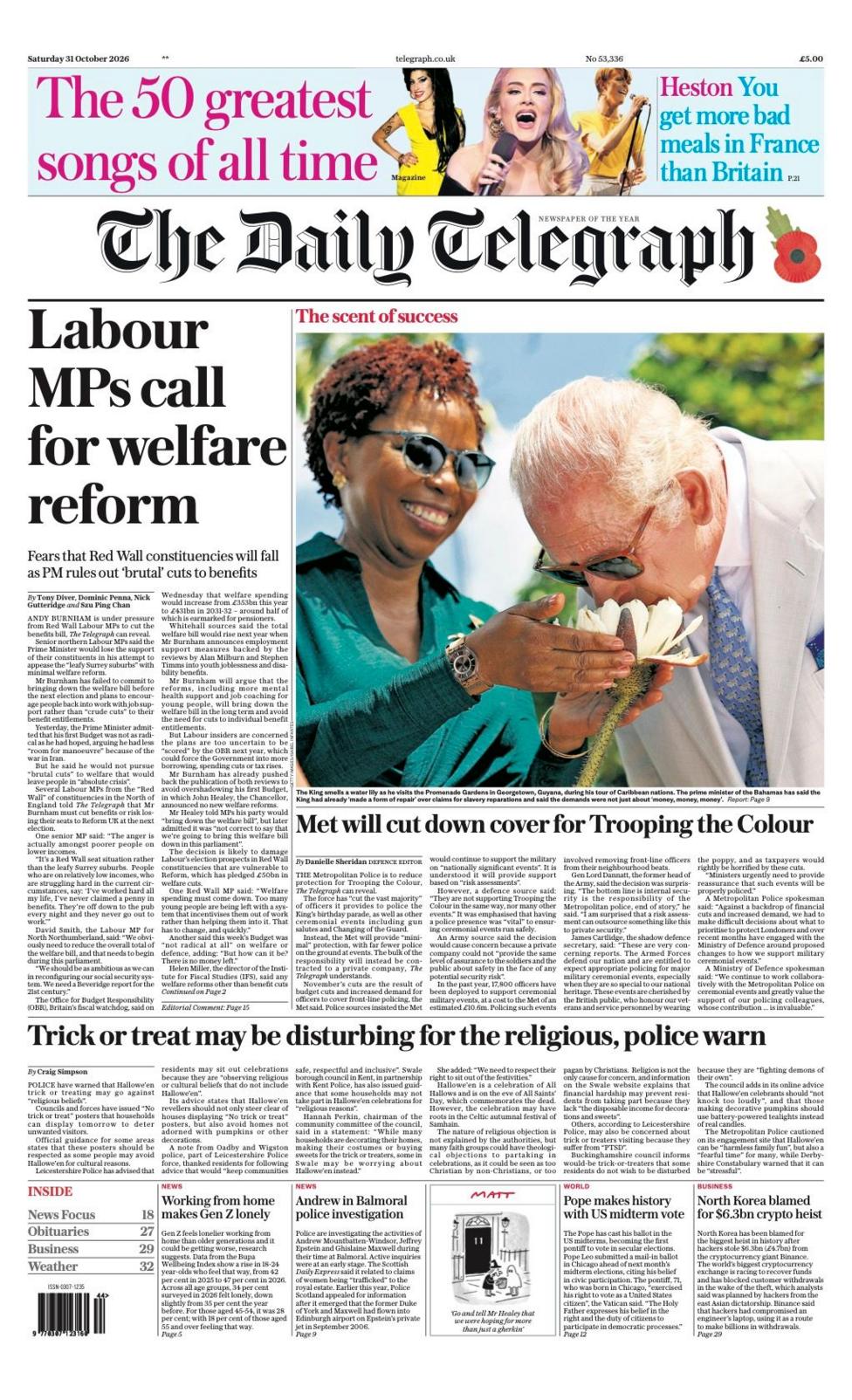 The headline on the front page of the Daily Telegraph reads: 'Labour MPs call for welfare reform'.