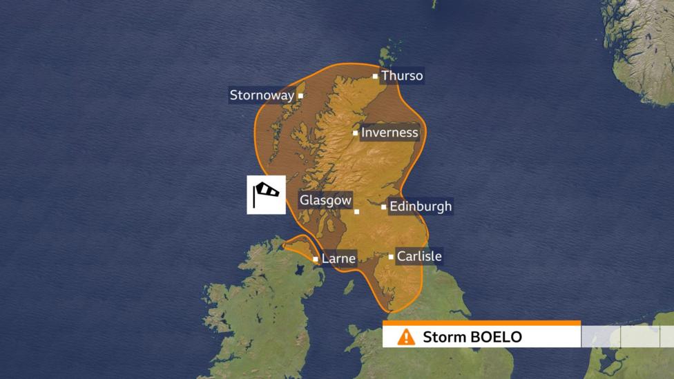 UK map showing location of Amber wind warning area shaded in orange.