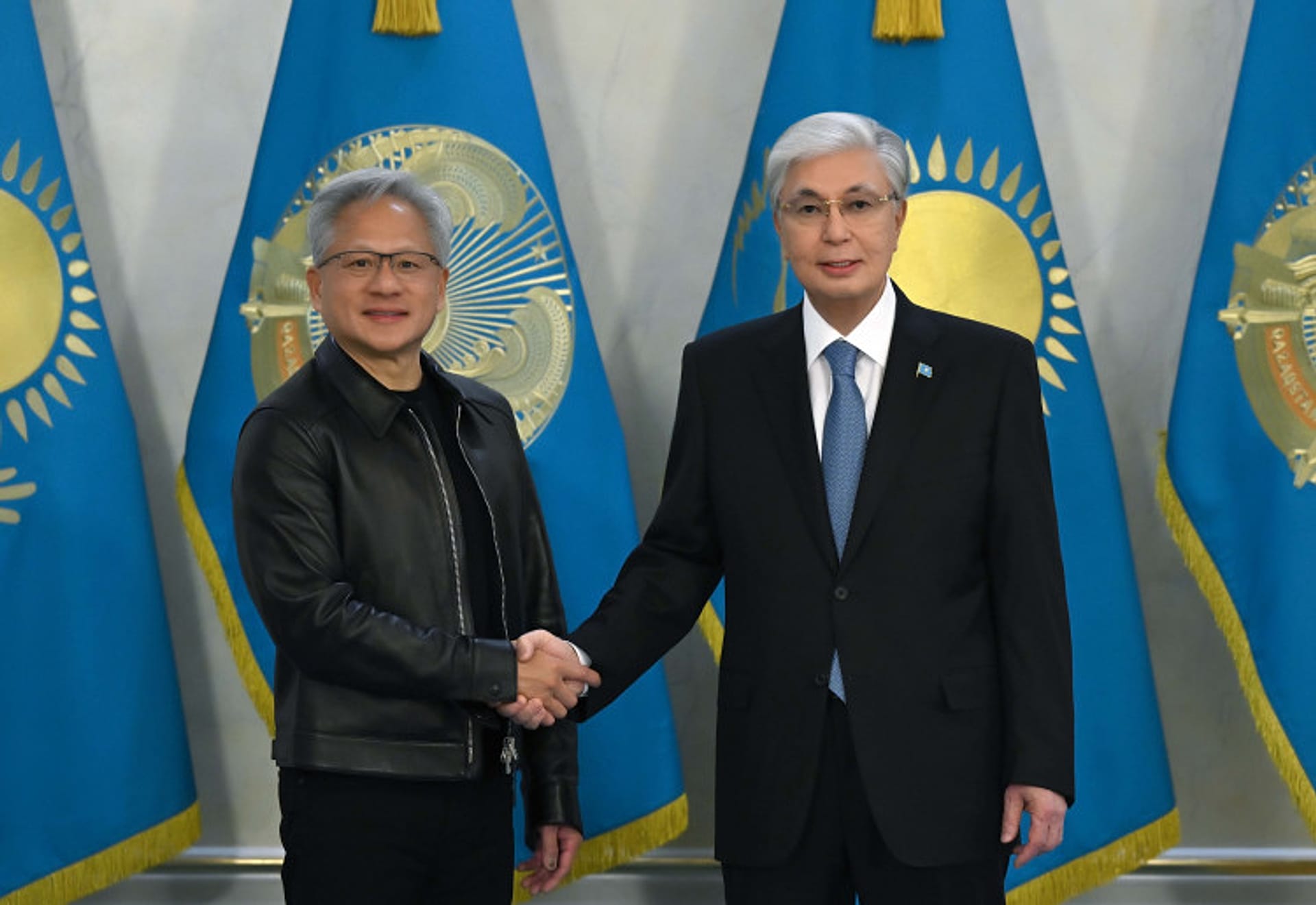 Kazakhstan's President Kassym-Jomart Tokayev receives Nvidia CEO Jensen Huang in Astana.