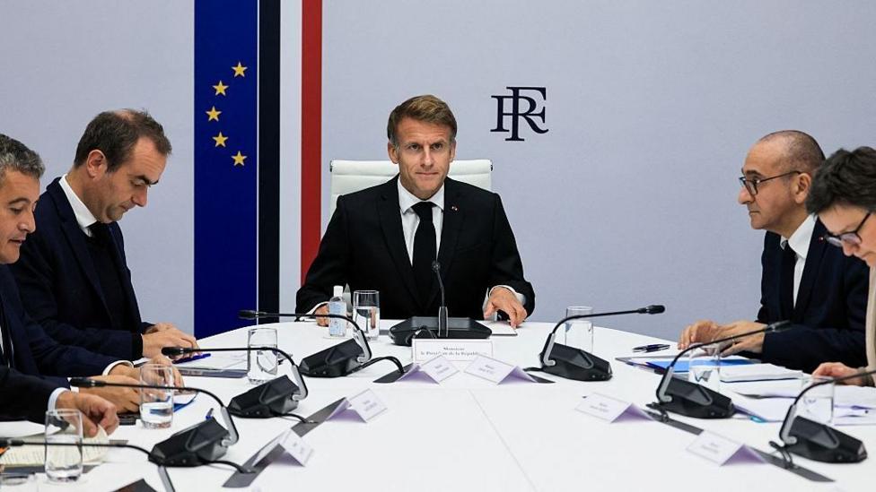 France's Justice Minister Gerald Darmanin, France's Prime Minister Sebastien Lecornu, France's President Emmanuel Macron, France's Interior Minister Laurent Nunez and French Government Secretary General Laurence Marion take part in an Interministerial Crisis Meeting chaired by France's President Emmanuel Macron at the Elysee Presidential Palace, in Paris, on October 18, 2026 