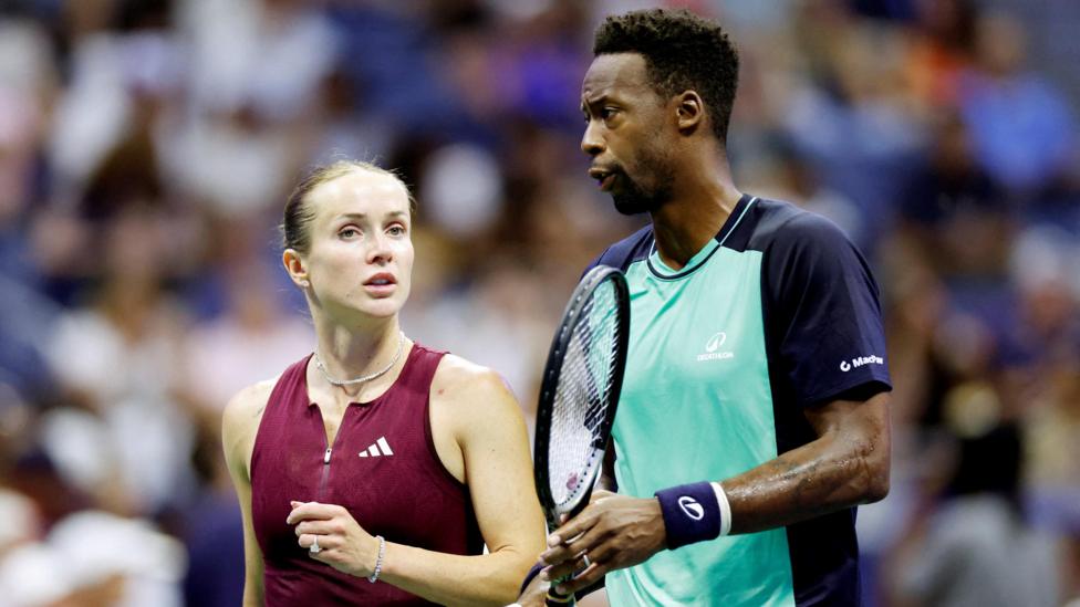 France's Gael Monfils and Ukraine's Elina Svitolina during their mixed doubles semi final match against Switzerland's Belinda Bencic and Italy's Flavio Cobolli