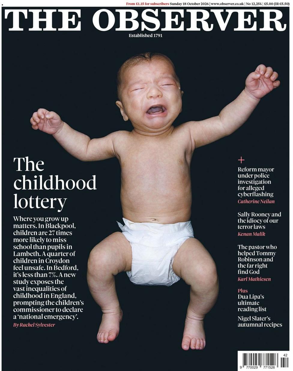 The headline on the front page of the Observer reads: “The childhood lottery”.