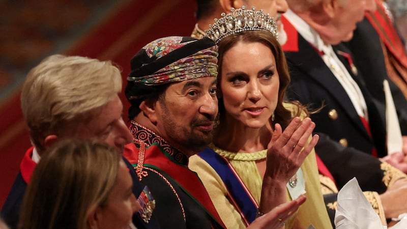 The Princess of Wales with Omani Minister of the Diwan Khalid Al Busaidi during the state banquet. AFP