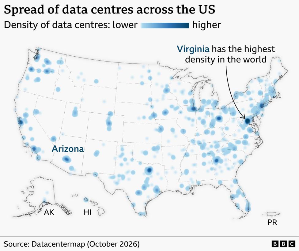 Map of the United States showing the density of data centres using blue shaded clusters, with darker blue indicating higher concentrations. Data centres are spread across the country but are most densely concentrated in northern Virginia, highlighted by an annotation stating that Virginia has the highest density. Other notable clusters appear around major metropolitan areas in the north-east, Great Lakes region, Texas, Florida, California, Washington state and Arizona. A colour scale at the top shows density ranging from lower to higher. Source: Datacentermap (October 2026).