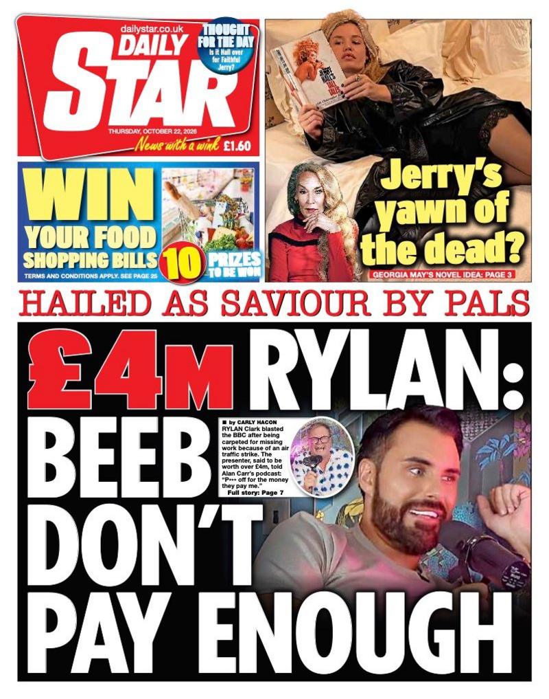 Daily Star gazetasining birinchi sahifasi: '£4m Rylan: Beeb don't pay enough.' (4 mln funt Rylan: Beeb yetarli to'lamaydi.)