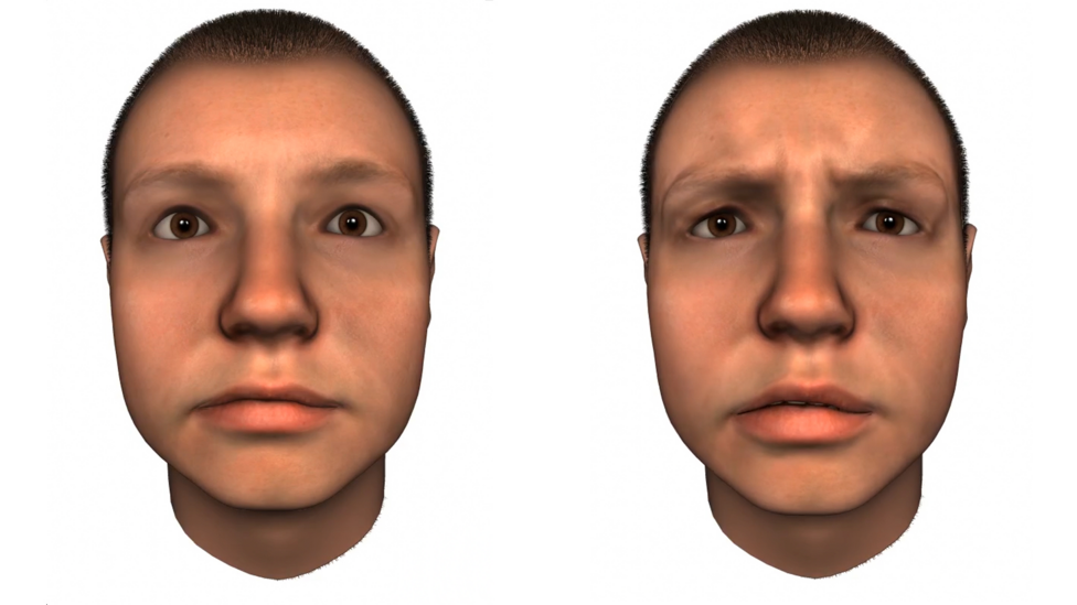 The same AI generated man has a neutral expression on the left and on the right he has an expression with lowered brows, making his eyes turn down.