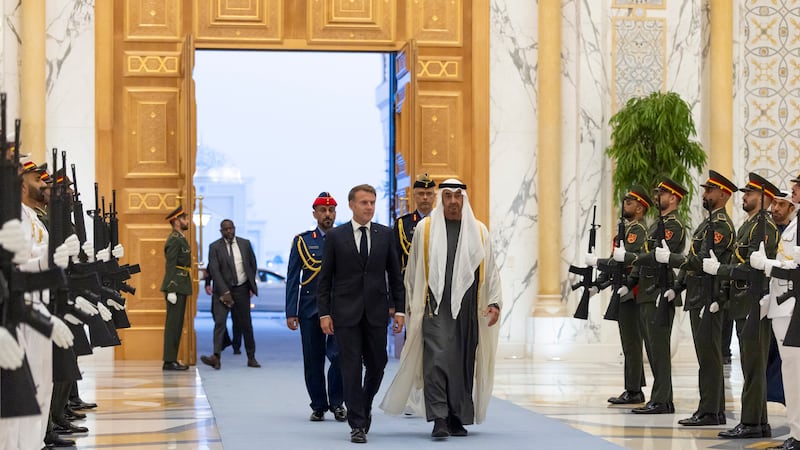 Sheikh Mohamed and Mr Macron during the reception. UAE Presidential Court