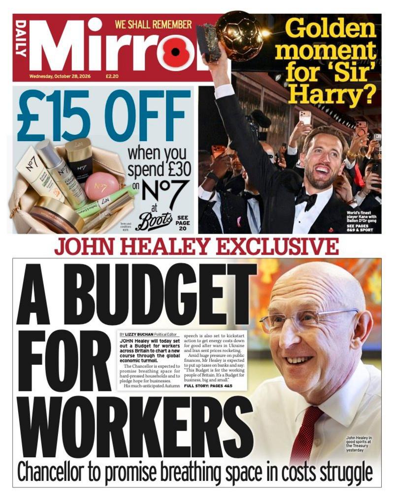 The headline on the front page of the Mirror reads: 'A Budget for workers'.