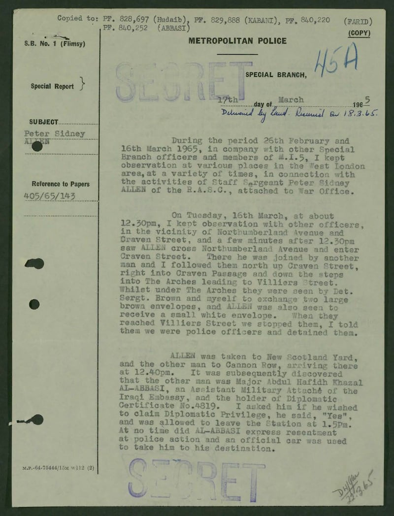 Bosh inspektor Jock Wilsonning Peter Allen qamalgani haqidagi hisoboti. Photo: The National Archives
