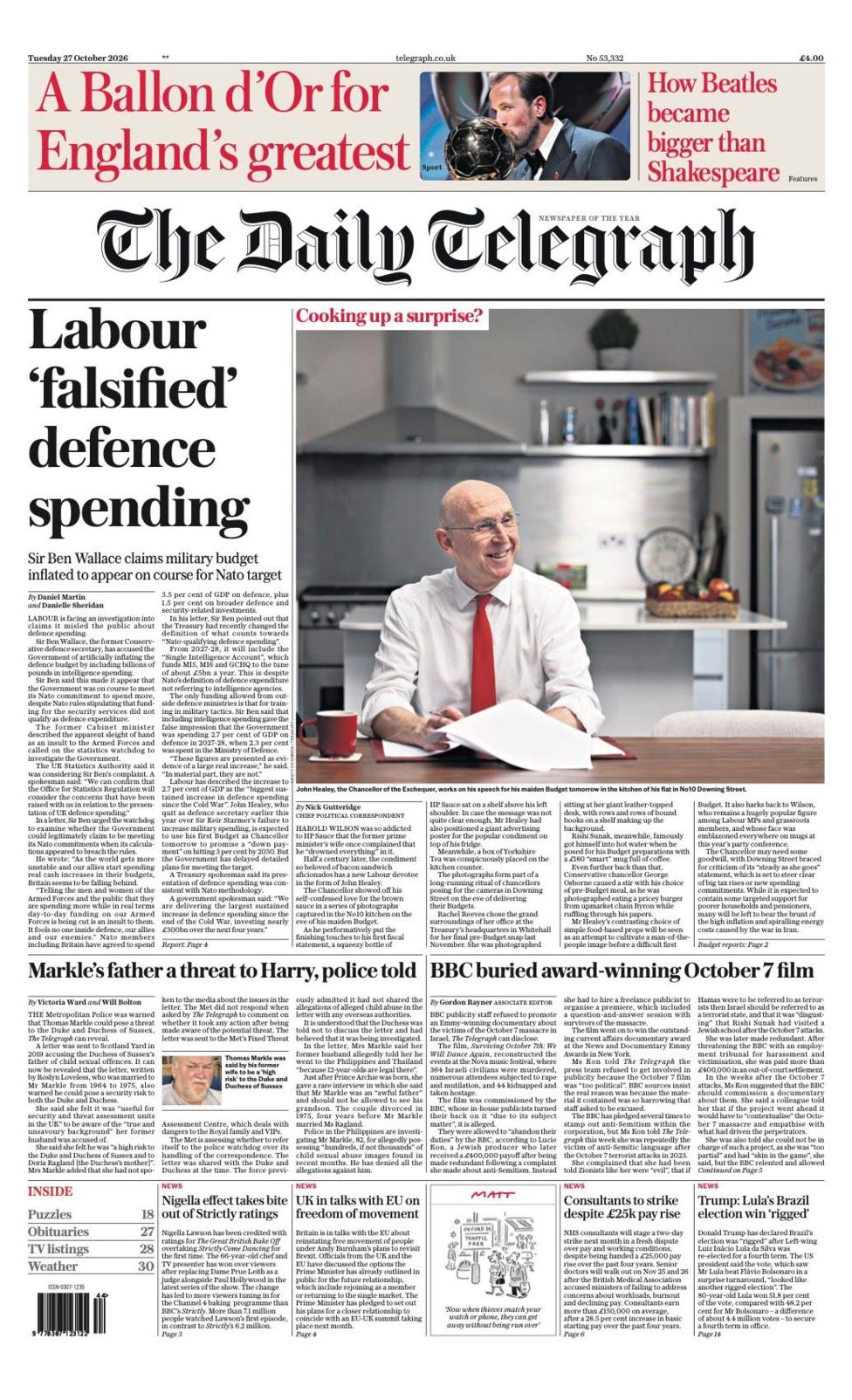 Daily Telegraph gazetasi birinchi sahifasidagi sarlavha: «Leypboristlar mudofaa xarajatlarini «soxtalashtirdi»».