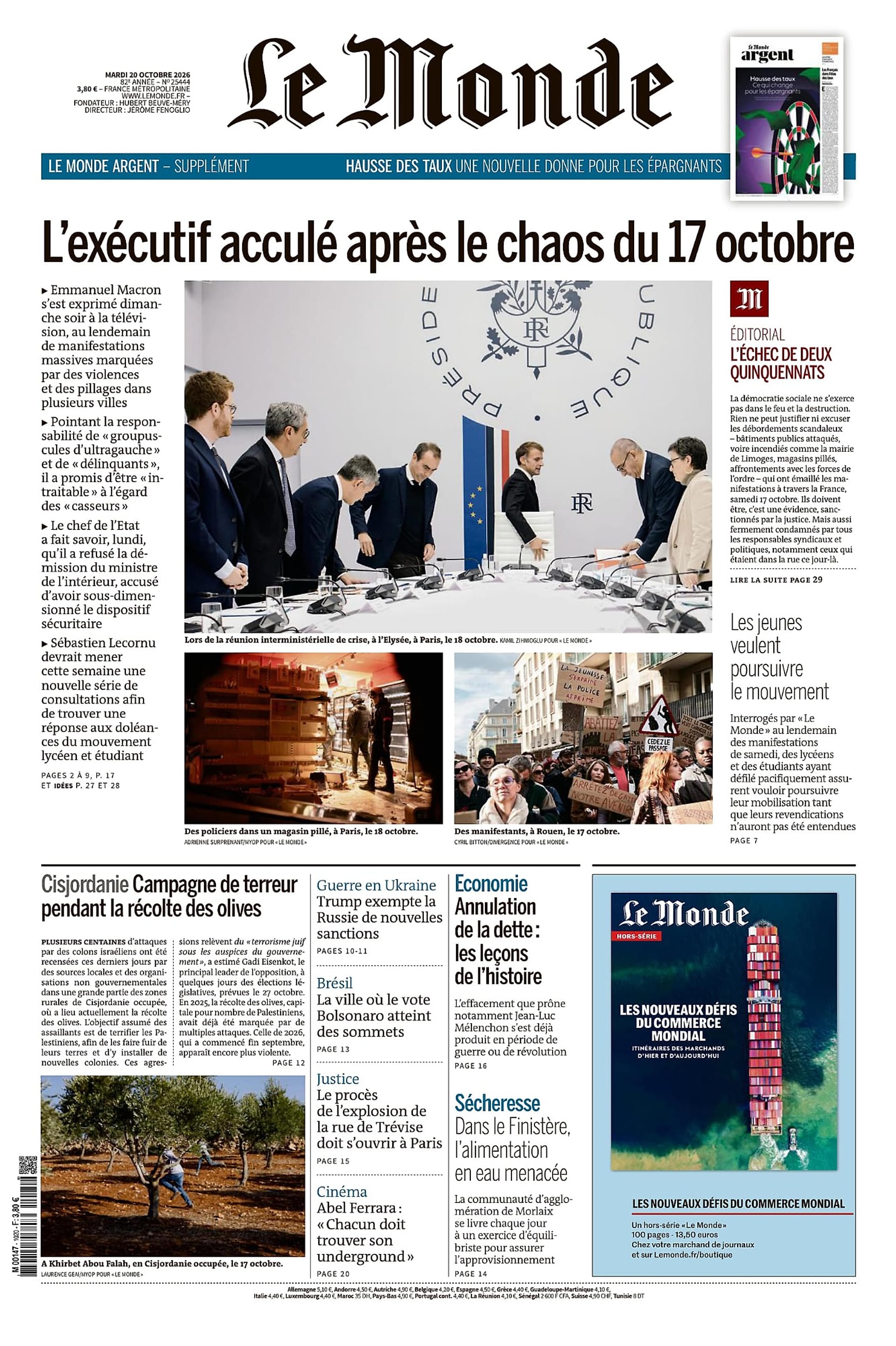 The "front page" of the newspaper Le Monde, Monday 19 October 2026.