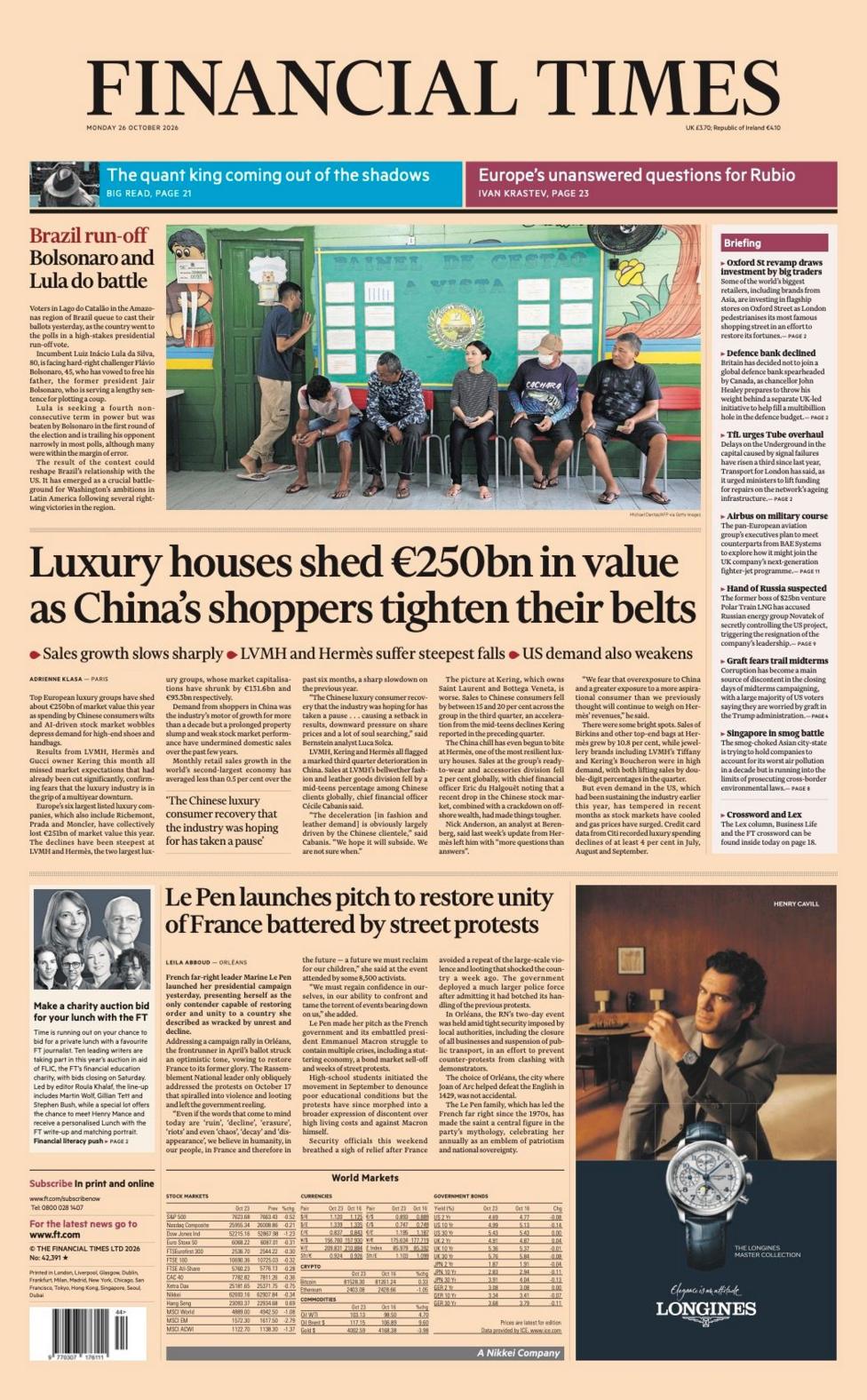 The headline on the front page of the Financial Times reads: “Luxury houses shed €250bn in value as China’s shopper tighten their belts”.