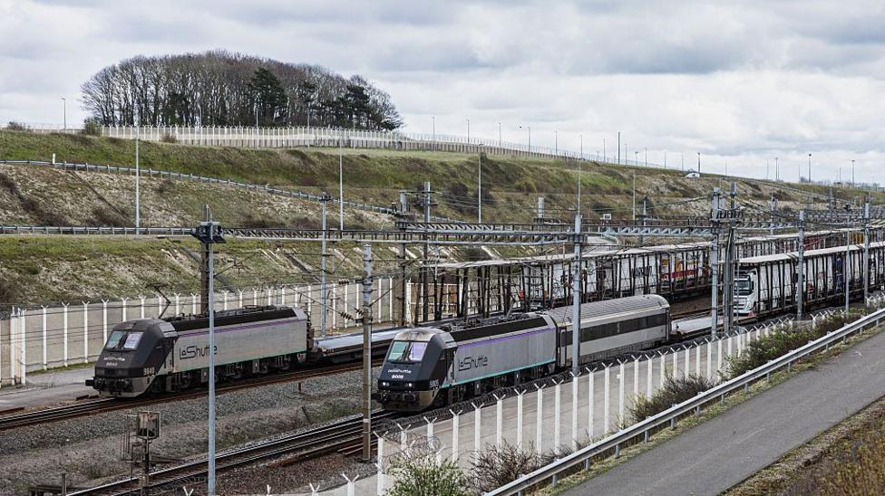 Trains near the French entrance to the Channel Tunnel