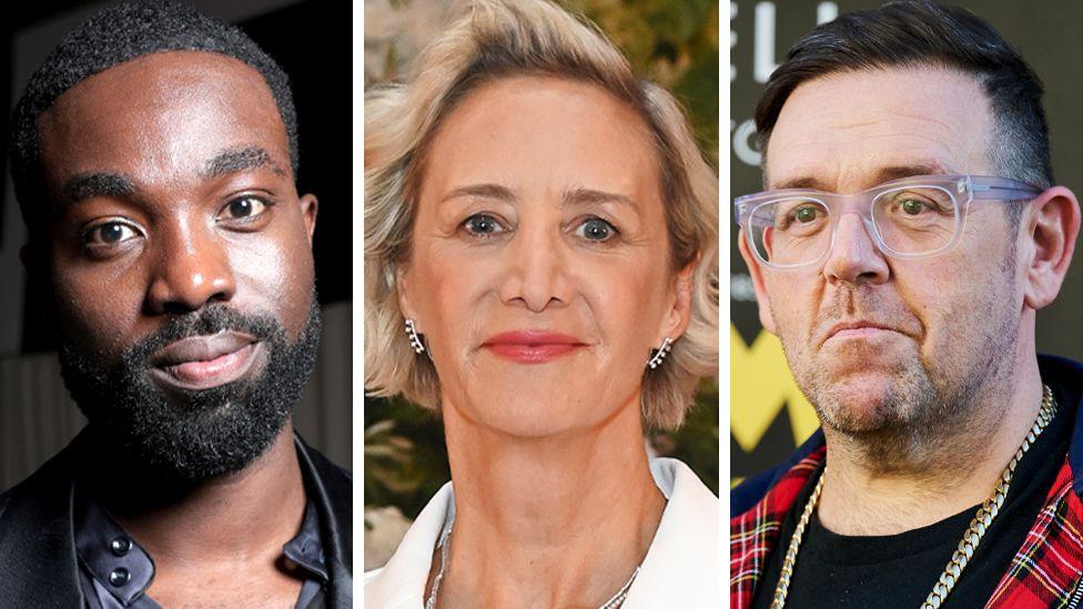 A three-way composite image showing left-to-right Paapa Essiedu, Janet McTeer and Nick Frost looking towards the camera