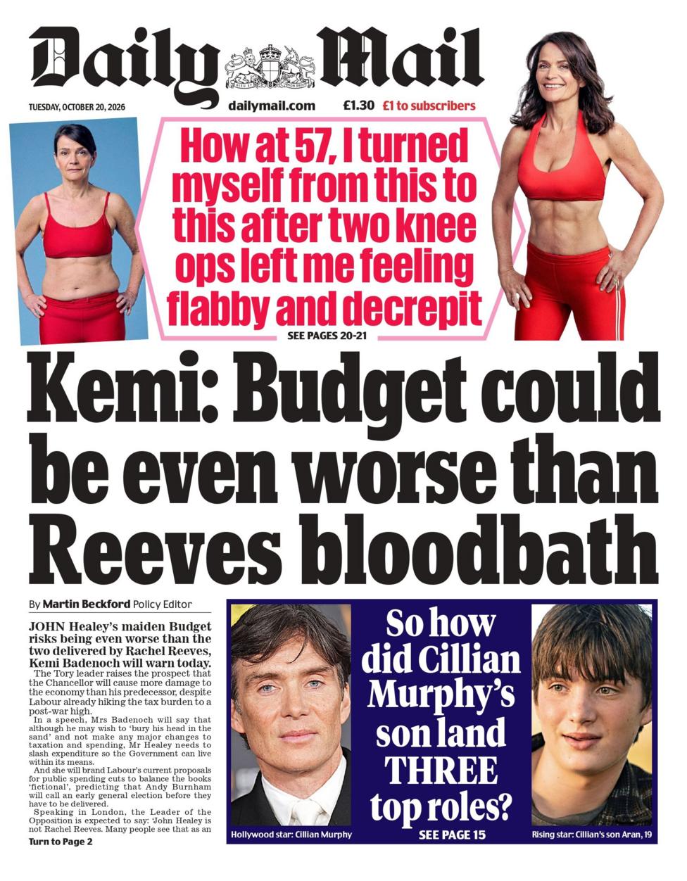 "Kemi: Budget could be even worse than Reeves bloodbath," reads the headline on the front page of the Daily Mail.