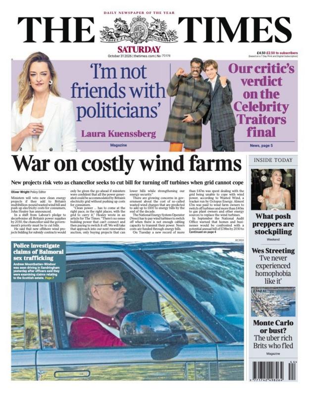 The headline on the front page of the Times reads: 'War on costly wind farms'.