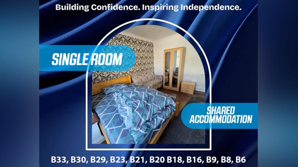 A social media advert shows a bedroom with the words: "Building confidence. Inspiring independence. Single room. Shared accommodation." It then lists Birmingham postcodes.