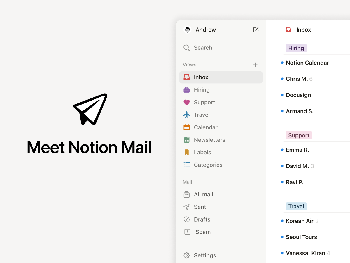 Notion Mail skrinshoti, avtomatik yorliqlangan papka ko'rinishi bilan.