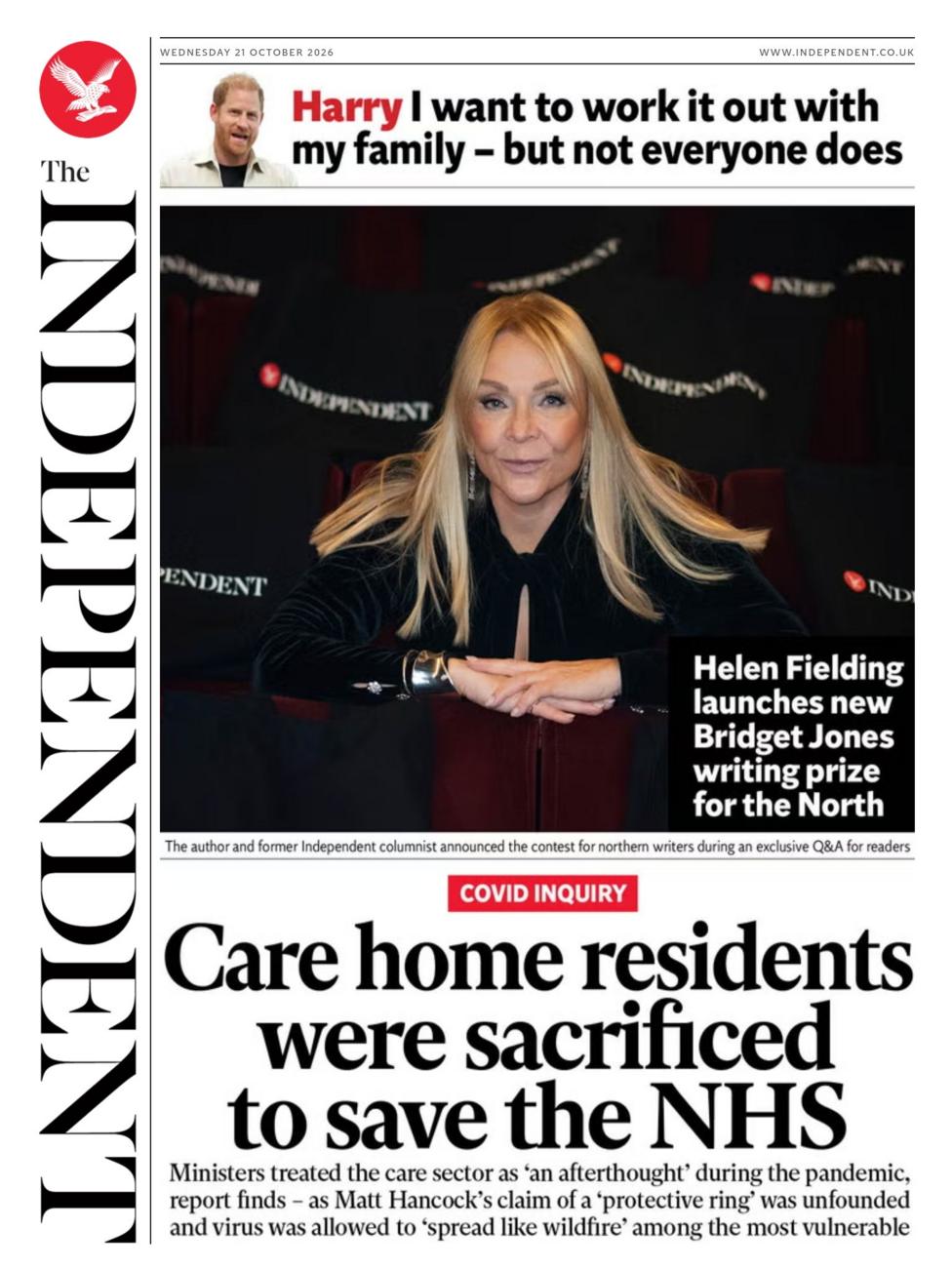 The headline on the front page of the Independent reads: “Care home residents were sacrificed to save the NHS”.