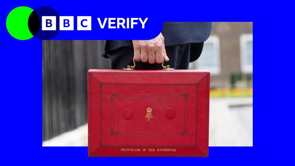 Moviy ramka ichida Verify belgisi fonida ko‘rinib turgan, ustida Moliya vaziri (Chancellor of the Exchequer) yozuvi bor byudjet qizil sumkasi.