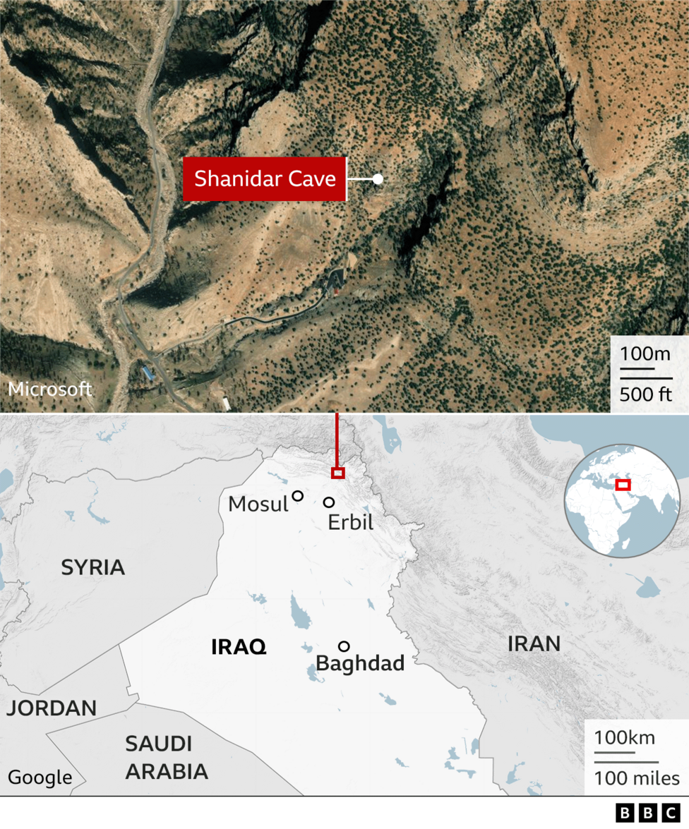 A two-part map showing the location of Shanidar Cave in northern Iraq. 

The upper panel displays a satellite image of a dry, rugged, mountainous landscape with sparse vegetation, winding roads, and a red label identifying Shanidar Cave. A scale indicates 100 metres and 500 feet. The word Microsoft appears in the bottom left corner. 

The lower panel shows a regional map locating the cave in northern Iraq, near Mosul and Erbil, with surrounding countries including Syria, Iran, Jordan, and Saudi Arabia labelled. An inset globe highlights the region in the Middle East. Scale bars indicate 100 kilometres and 100 miles. The word Google appears in the bottom left corner. 

The BBC logo appears in the bottom right corner under the lower panel.