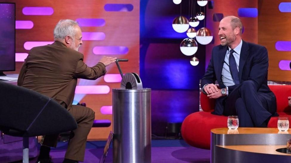 Shahzoda Uilyam Graham Norton shousida Graham Norton bilan suhbatlashayotib kulmoqda