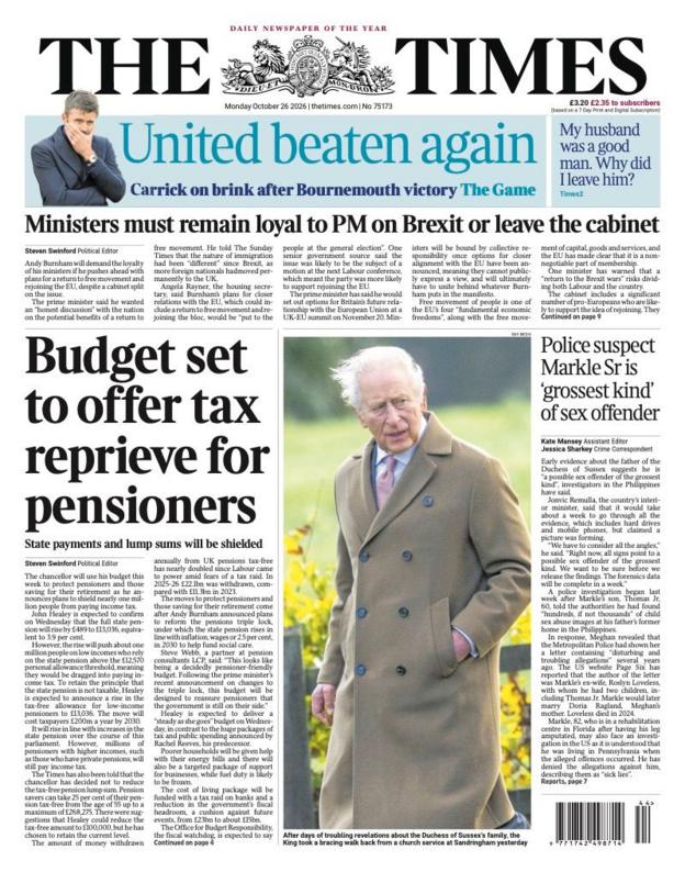 The headline on the front page of the Times reads: 'Budget set to offer tax reprieve for pensioners'.