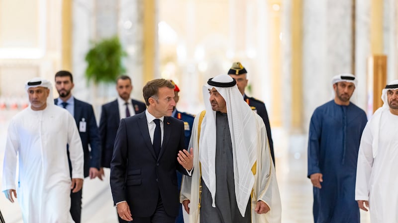 Sheikh Mohamed receives Mr Macron during the reception. UAE Presidential Court