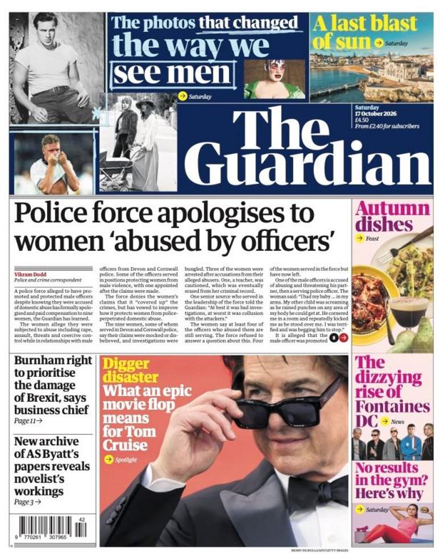 The headline on the front page of the Guardian reads: “Police force apologises to women 'abused by officers'”.
