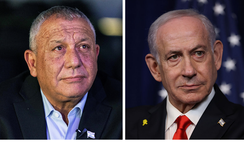 Two men wearing suits look ahead. It is Gadi Eisenkot and Benjamin Netanyahu in a composite image.