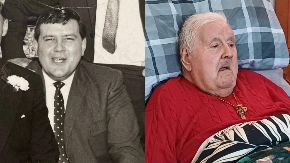 A black and white photo of David in a suit and tie. Next to it is a modern photo of David in a red top lying on a bed.