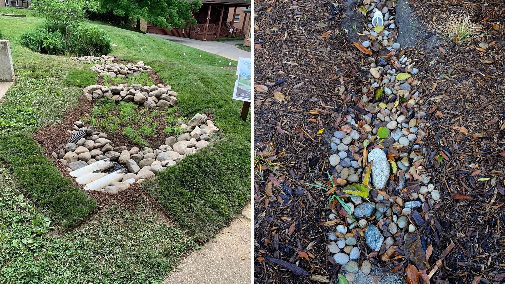 A rain garden in Garrett Park, Maryland, May 2021. | FILE - A pipe releases captured rain water into a sunken rain garden, North Hollywood, Calif., Jan. 2016. 