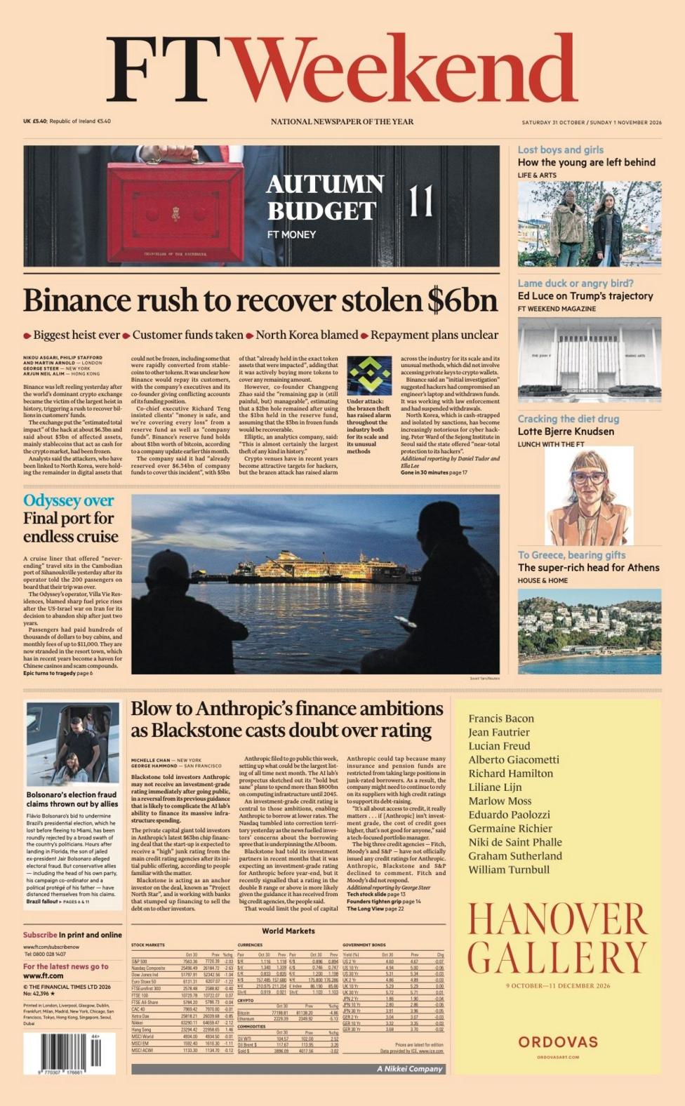 The headline on the front page of the Financial Times reads: 'Binance rush to recover stolen $6bn'.