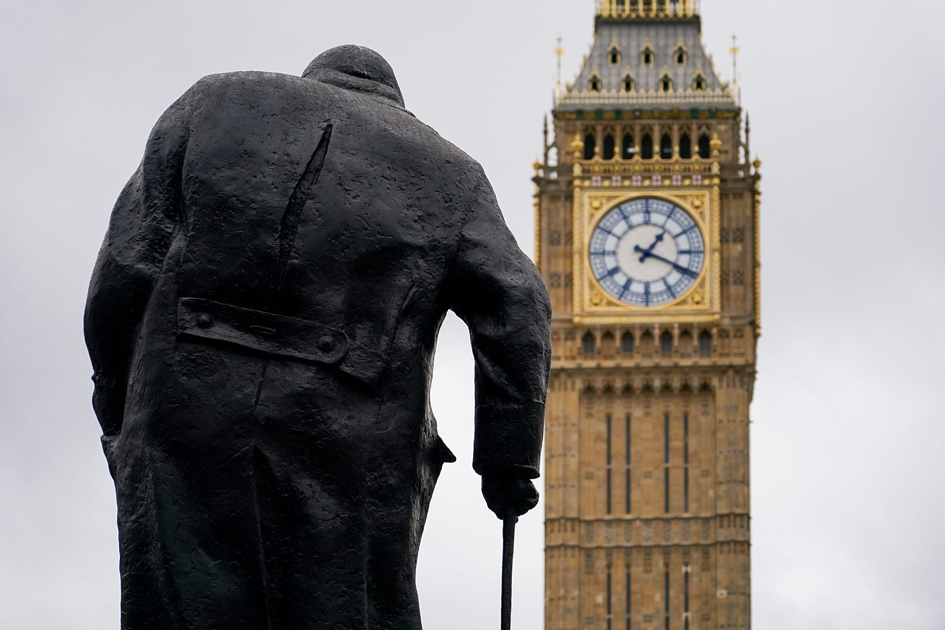 The statue of Winston Churchill stands in Parliament Square, backdropped by the Elizabeth Tower, commonly known as Big Ben, in London, Wednesday, June 3, 2026. (AP Photo/Alber