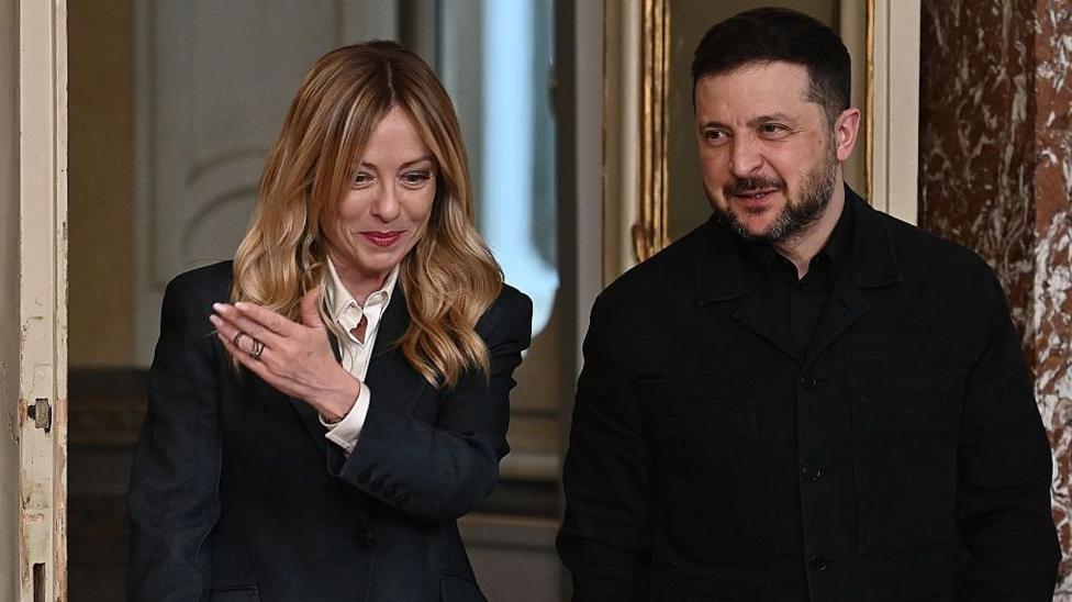 Italian Premier Giorgia Meloni (L) and Ukrainian President Volodymyr Zelenskyy (R) arrive for a joint press conference at the end of their talks at Chigi Palace government office in Rome, Italy, on April 15, 2026